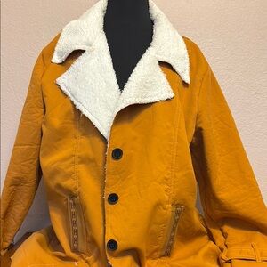 Orange and White Pea Coat with Shearling Collar